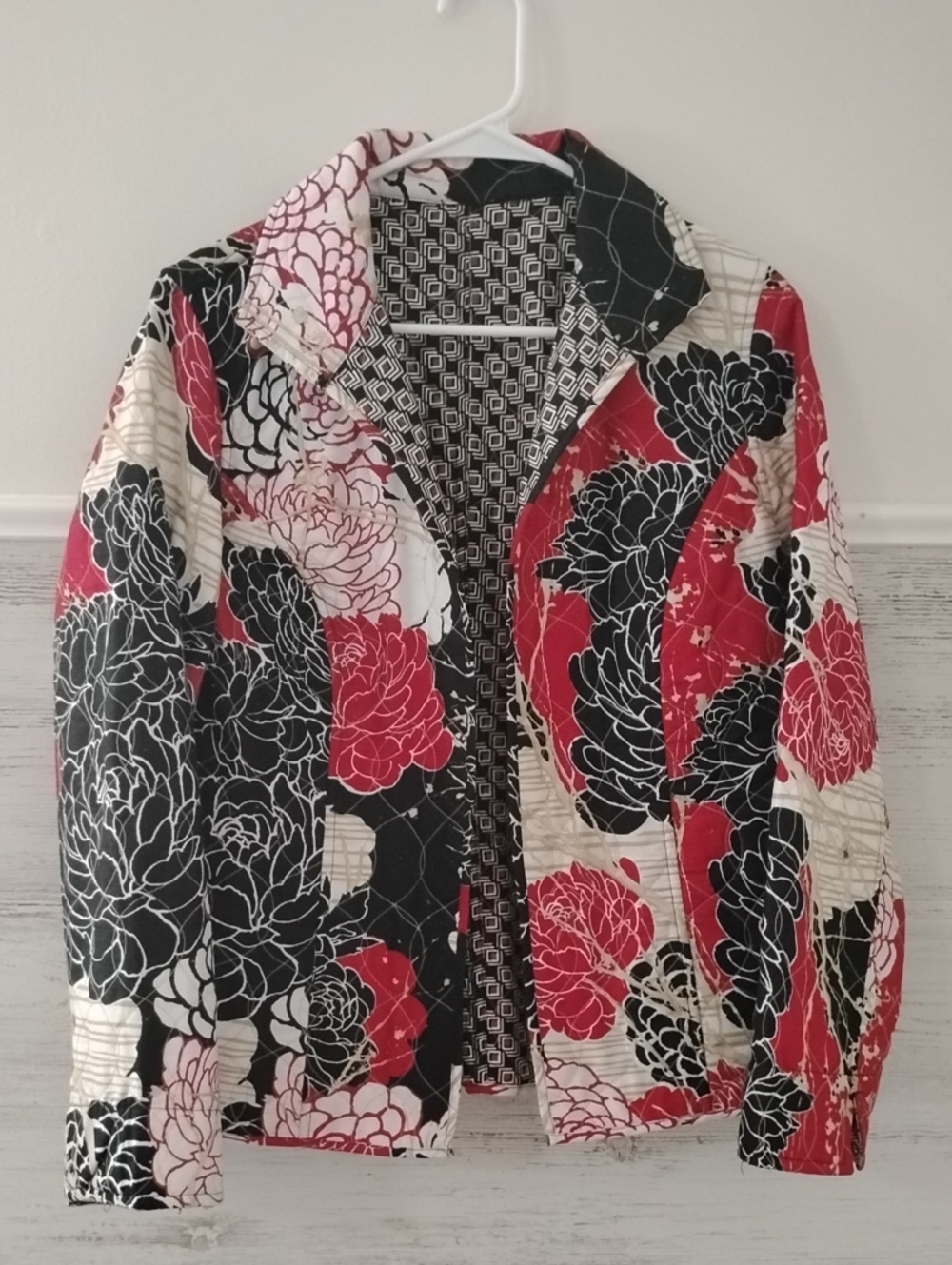 Chico's Black, White & Red Floral Quilted Jacket
